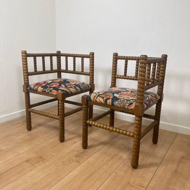 20th Century Corner Chairs in Turned Wood with Bobbins and Fabric Seats, 1950s, Set of 2 For Sale - Image 12 of 14