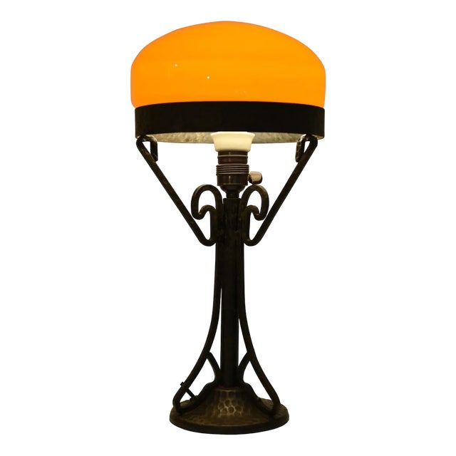 Swedish Art Nouveau Wrought Iron and Blown Glass Table Lamp, 1920s For Sale