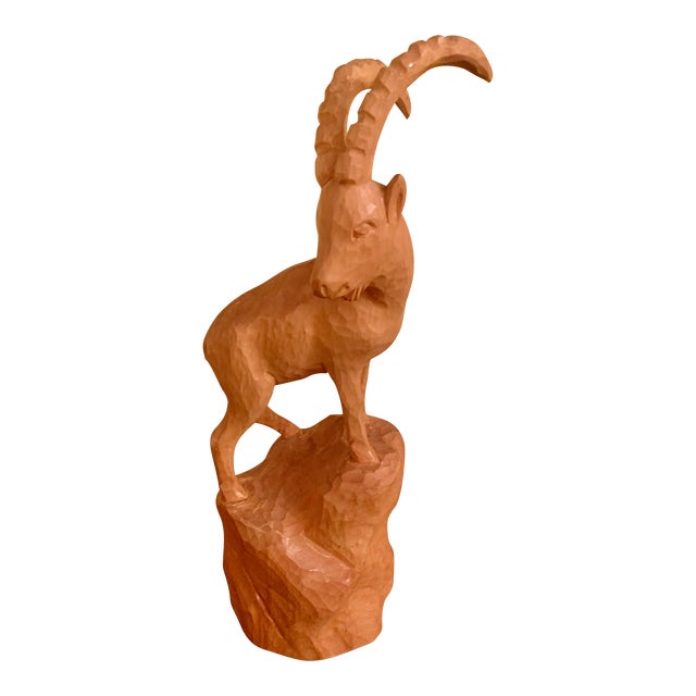Mid 20th Century Large Black Forest Wooden Ibex Carving For Sale
