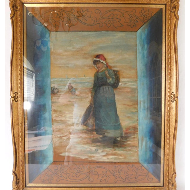 1980s Large Vintage Figural Woman Gold Carved Wood Framed Print Wall Art Hanging New York For Sale - Image 5 of 14