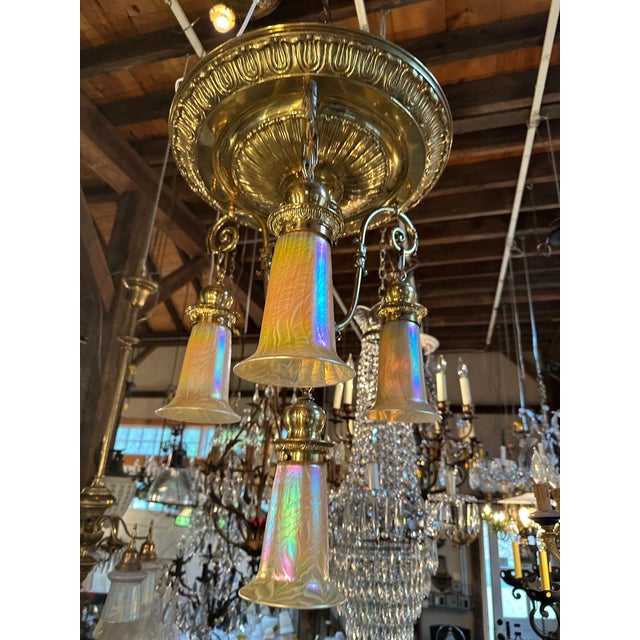 Glass Vintage 4 Light Brass Ceiling Fixture With Lundberg Studios Art Glass Shades For Sale - Image 7 of 8