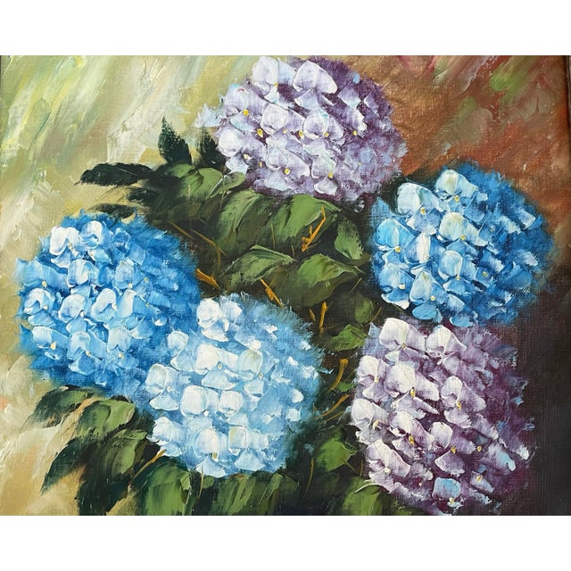 1960s Mid Twentieth Century Original Oil on Canvas Painting of Hydrangeas in Purple Vase by Franks For Sale - Image 5 of 6