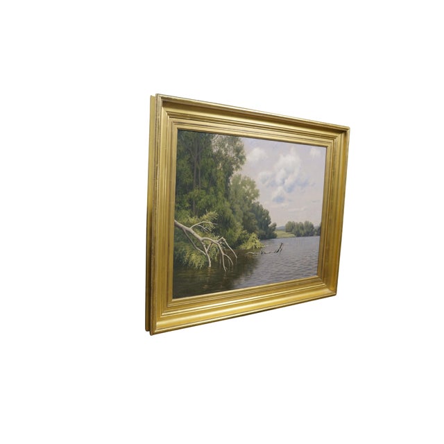 A very large and impressive vintage original landscape oil painting titled Green Meadow Bend by the American impressionist...