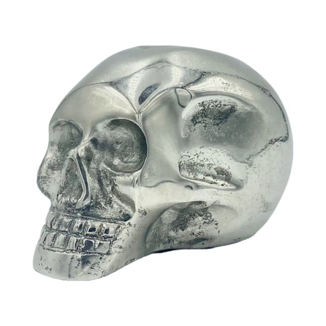 Vintage Small Silver-Tone Metal Skull Desk Tabletop Paper Weight For Sale - Image 12 of 12