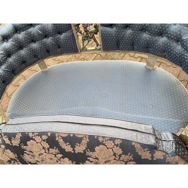 1950s French Louis XVI Gilt Beech Blue Damask Settee For Sale - Image 17 of 18