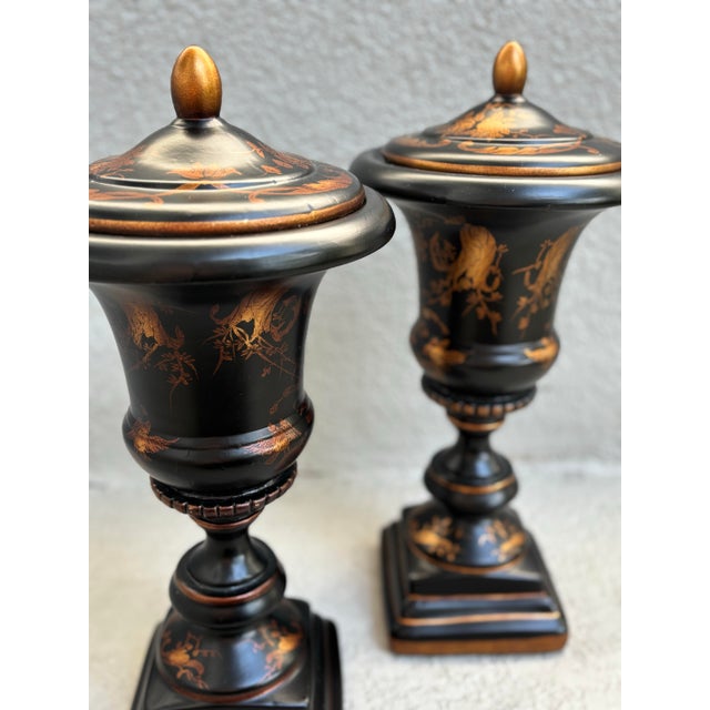 2000 - 2009 Black & Gold Vintage Decorative Urns – Set of Two For Sale - Image 5 of 18