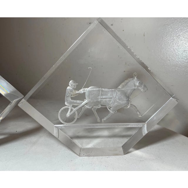 1980s Pair of 2 Vintage Handmade Carved Etched Lucite Acrylic Harness Jockey Bookends For Sale - Image 5 of 14
