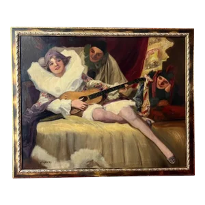 Richard Geiger Large Oil on Canvas Master Painting Scene, Commedia Dell’arte.