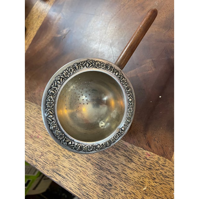 Mid-Century Modern Mid 20th Century Alpaca Silver Embossed Flower Wood Handled Tea Strainer For Sale - Image 3 of 12