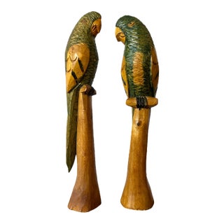Tall Vintage Hand-Carved Tropical Parrot Sculptures – Exotic Tiki Boho For Sale