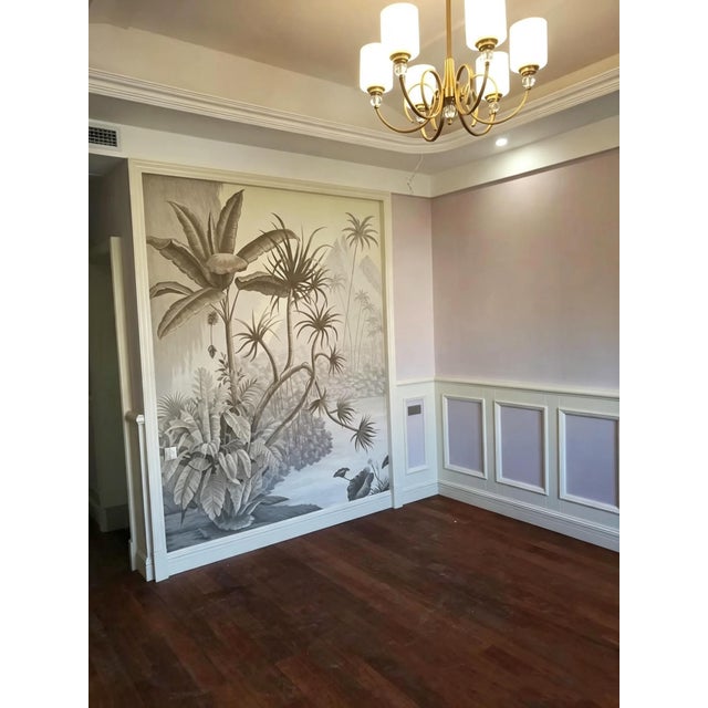 Luxury artisan hand-painted panoramic tropical jungle chinoiserie mural set finished in elegant muted monochrome tones....