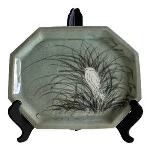 Artist Made Studio Pottery Octagonal Platter - Hand Painted Heron Marsh Scene - Artist Signed