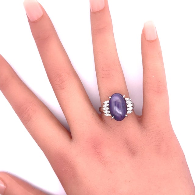 Metal 12.13 Carat Purple Star Sapphire Diamond Platinum Ring, Size 8.75 For Sale - Image 7 of 9