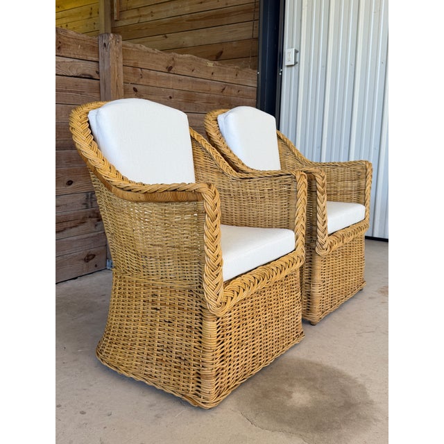 Pair of Vintage Michael Taylor Style Braided Rattan Wicker Lounge Side Armchairs For Sale - Image 9 of 12