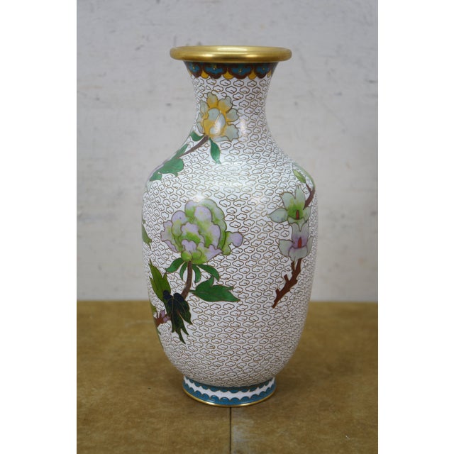 White Chinese Brass Cloisonne Enamel Chrysanthemum Peony Bud Vase 9" For Sale - Image 8 of 13