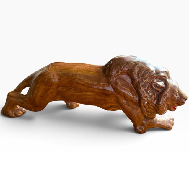 Ceramic Vintage Glazed Ceramic Lion Sculpture, Reclining Big Cat For Sale - Image 7 of 7