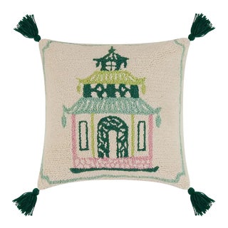 Pagodas Rose W/Green Tassels Hook Pillow, 18" x 18" For Sale
