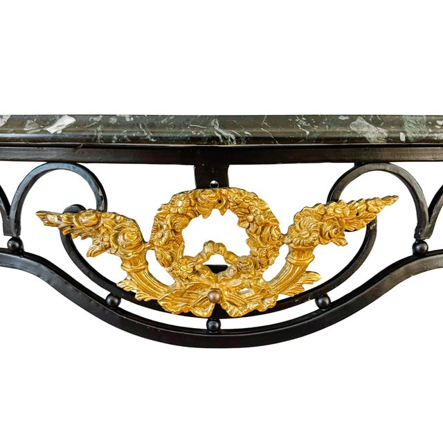 French Empire Style Wrought Iron & Black Marble Serpentine Console Table For Sale In San Diego - Image 6 of 11