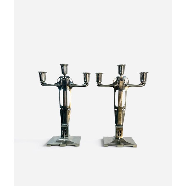 Large pair of silver-plated pewter candlesticks from the Jugendstil period, designed by Achille Gamba. Germany, early 20th...