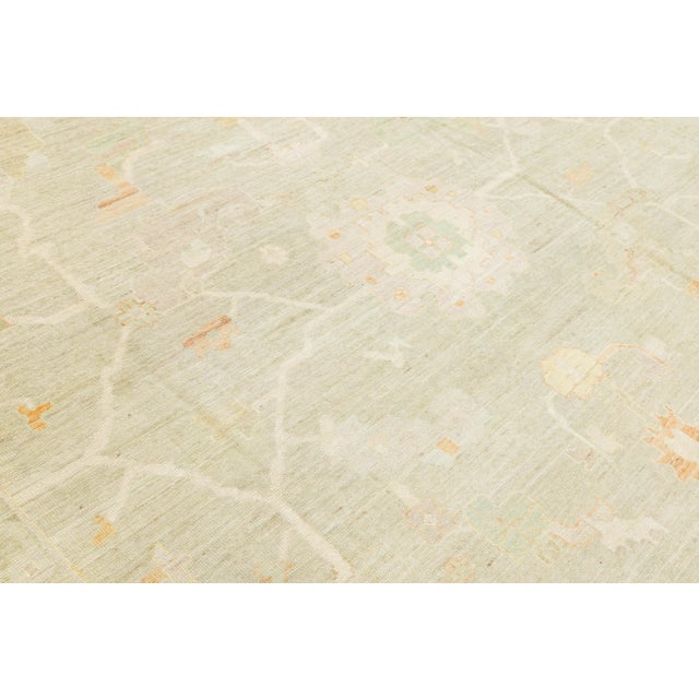 Modern Oushak Style Hand-Knotted Wool Rug Muted Sage & Apricot Floral Design For Sale In New York - Image 6 of 11