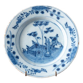 18th Century Dutch Delft Blue and White Chinoiserie Plate with Flowers For Sale