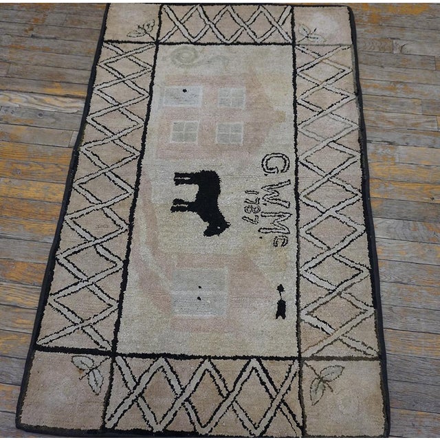 1930s Tan Ecru Pictorial American Hooked Rug 2'9" X 4'5" Handknotted Wool Carpet For Sale - Image 10 of 11