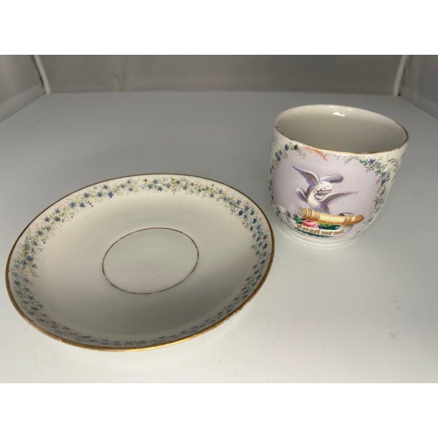 Early 20th Century Antique Hand Painted Forget Me Not Doves Cup and Saucer c. 1900 For Sale - Image 5 of 9