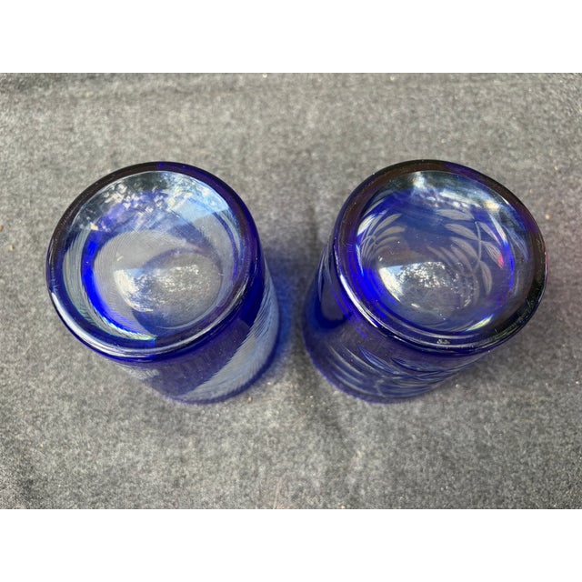 Mid 20th Century Bohemia Cut to Clear Cobalt Etched Tumblers Glasses a Pair For Sale - Image 14 of 15