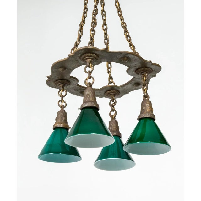 Arts & Crafts Hammered Darkened Metal Chandelier With Green Glass Shades For Sale In San Francisco - Image 6 of 12