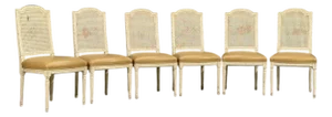 Louis XVI Style, Six Dining Chairs, Painted Wood, Cane, Leather, 20th C.