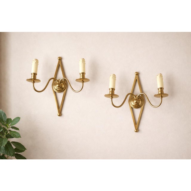 French Brass Wall Sconces with Diamond Backplates, 1960s, Set of 3 For Sale - Image 4 of 18