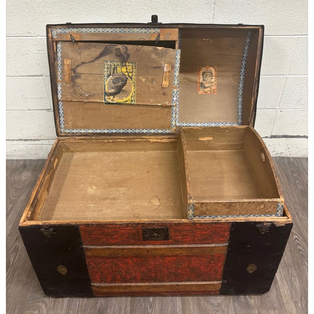 Antique Victorian Dome Top Embossed Immigrant Trunk Steamer Trunk For Sale - Image 13 of 18