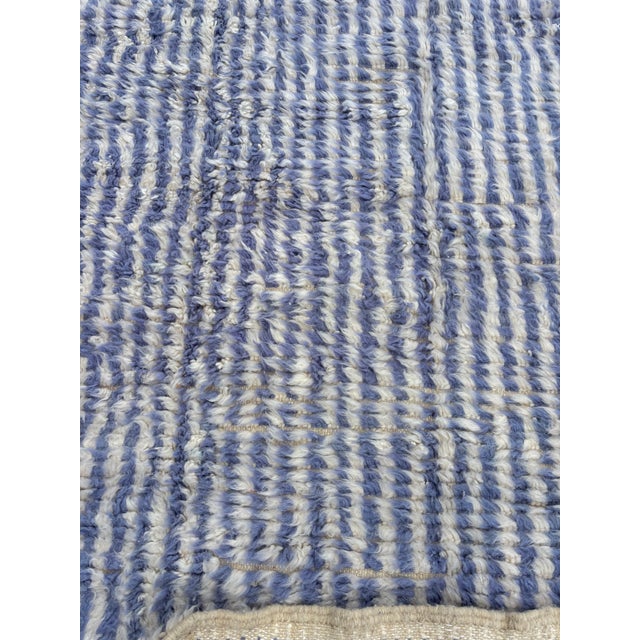 Berber Tribes of Morocco Moroccan Beni Ouarain Rug Blue Striped Wool Carpet Handmade Berber Minimalist Modern Design For Sale - Image 4 of 4
