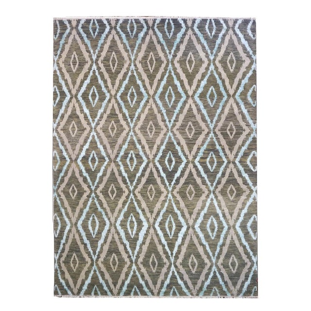 Nepalese Modern Magnolia Wool & Silk 9x12 Green, Blue & Grey Handmade Area Rug #9902959 For Sale