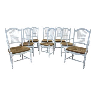 Vintage Painted French Country Sheaf-Back Dining Chairs With Rush Seats - Set of 8 For Sale