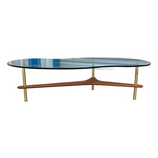 1960s Mid-Century Modern Freeform Glass Coffee Table With Walnut and Brass Base For Sale