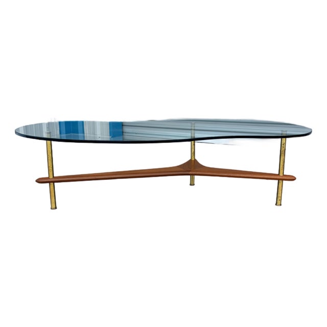 1960s Mid-Century Modern Freeform Glass Coffee Table With Walnut and Brass Base For Sale