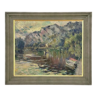 Antique Belgian Impressionist Oil Painting on Canvas by Albert Chavepeyer (1899-1986) 'River Landscape' For Sale