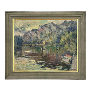 Antique Belgian Impressionist Oil Painting on Canvas by Albert Chavepeyer (1899-1986) 'River Landscape'
