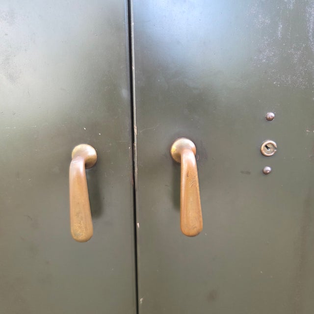 General Fireproofing Co. Mid 20th Century WWII-Era Dark Olive-Green General Fireproofing Company All steel Supply Cabinet W/ Brass Hardware For Sale - Image 4 of 12
