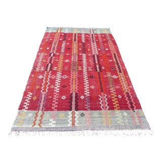 1960'2 Vintage Red Embroidery Kilim Rug, 71"x111" For Sale