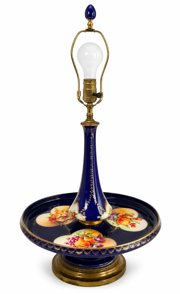 Dresden Style Vintage Cobalt Blue Porcelain Tray Table Lamp With Hand-Painted Fruit & Brass Accents — view 2