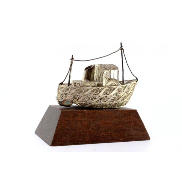 Silver Filigree Boat with Applications on Wooden Base For Sale - Image 6 of 8