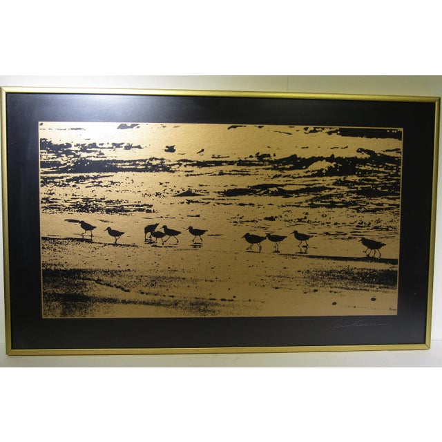 Modern 1980s Coastal Silhouettes: Seabirds Walking Along the Shore at Sunset in Golden Minimalist Print by John Freeman For Sale - Image 3 of 9