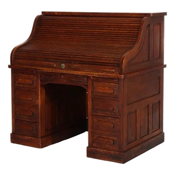 Antique Standard Raised Panel Oak S-Roll Top Desk With Full Interior C1910 For Sale