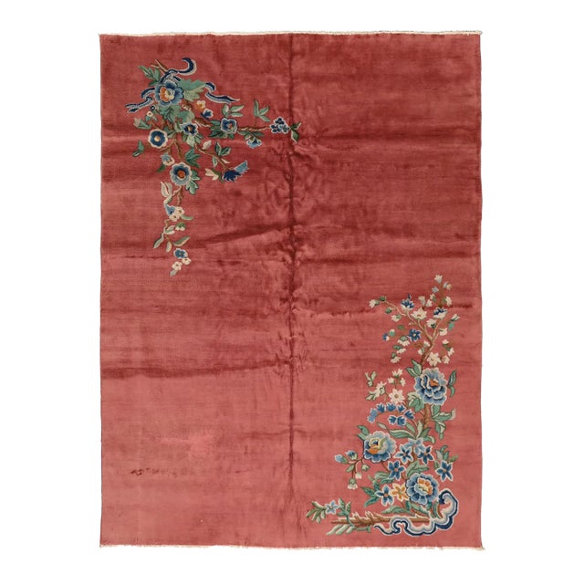 9'x12 Vintage Chinese Art Deco Rug | Terra-Cotta Red Wool Rug For Sale