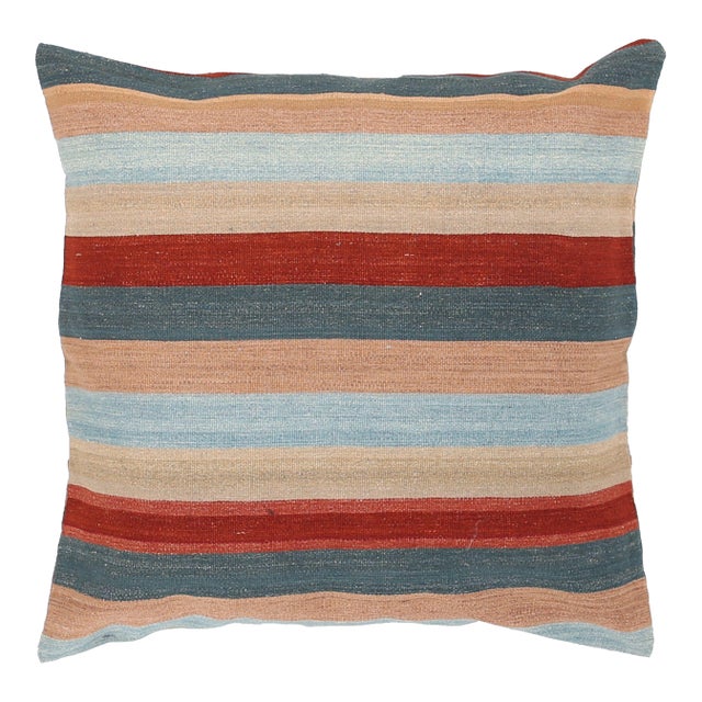 Arteverk Handwoven Reversible Wool Kilim Floor Pillow — Blue & Red Stripe (36") For Sale