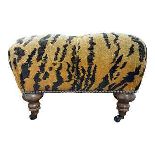 Victorian Style Tufted Bench or Ottoman in Silk Tiger Velvet With Mahogany Legs For Sale