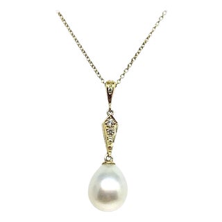 Diamond South Sea Pearl Necklace 14k Gold Italy Certified For Sale
