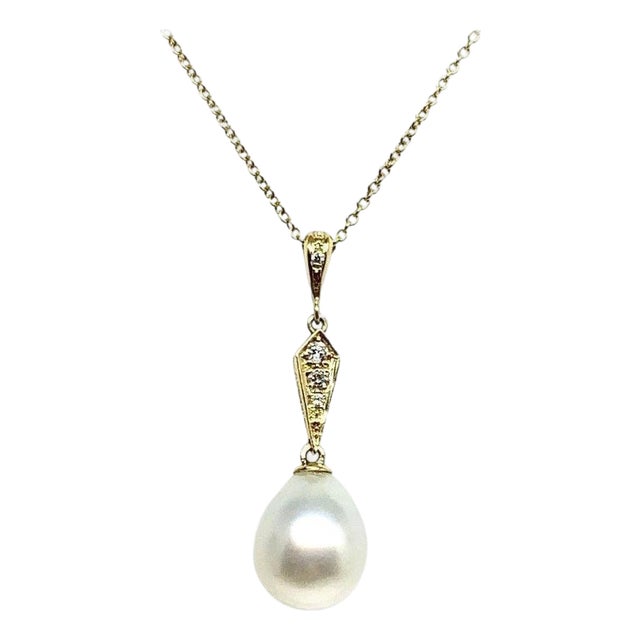 Diamond South Sea Pearl Necklace 14k Gold Italy Certified For Sale
